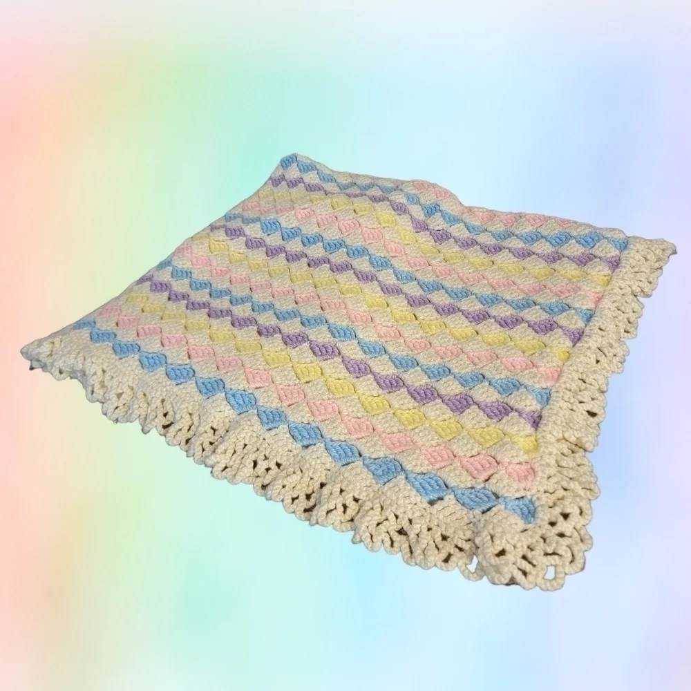 Baby Afghan Crocheted Handmade Crib Throw Blanket Pastel Rainbow Nursery